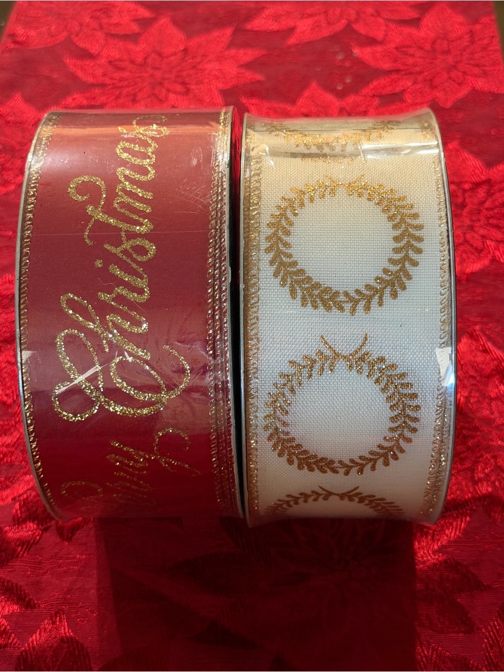 Christmas Ribbon & Gold Wreath Holiday Ribbon Set - Red and Ivory